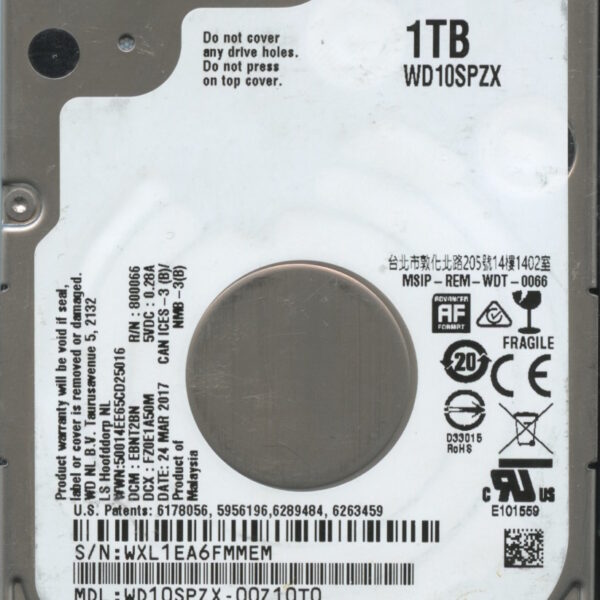 WD10SPZX-00Z10T0 WXL1E 04:24:17 WESTERN DIGITAL 1TB HDD