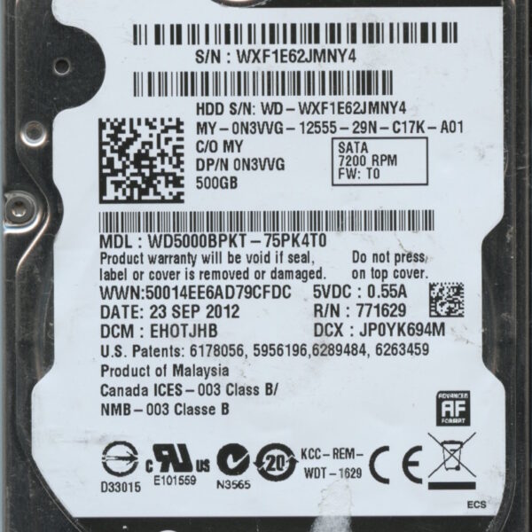 WD5000BPKT-75PK4T0 WXF1E 11:23:12 WESTERN DIGITAL 500GB HDD