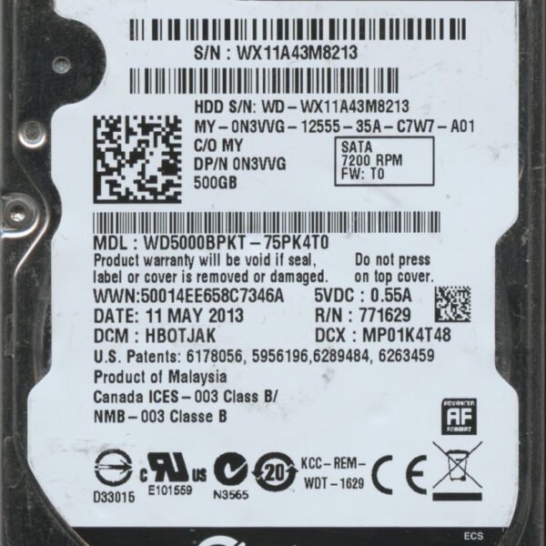 WD5000BPKT-75PK4T0 WX11A 05:11:13 WESTERN DIGITAL 500GB HDD