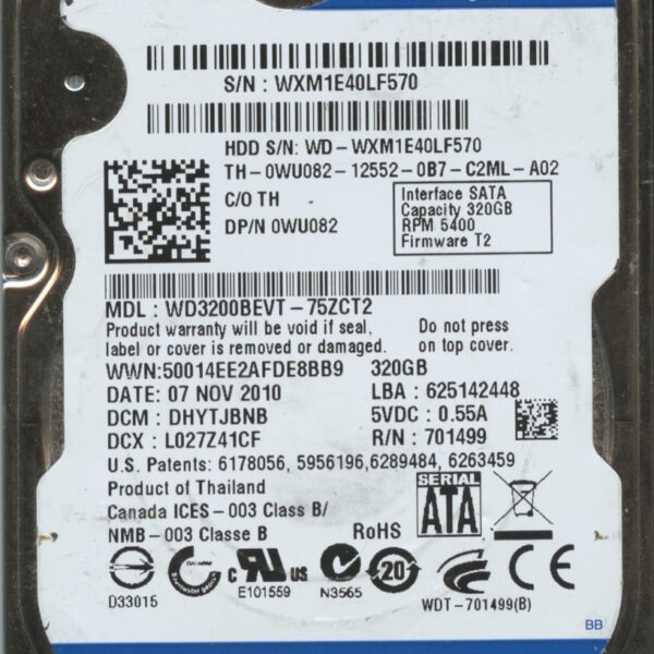 WD3200BEVT-75ZCT2 WXM1E 11:07:10 WESTERN DIGITAL 320GB HDD