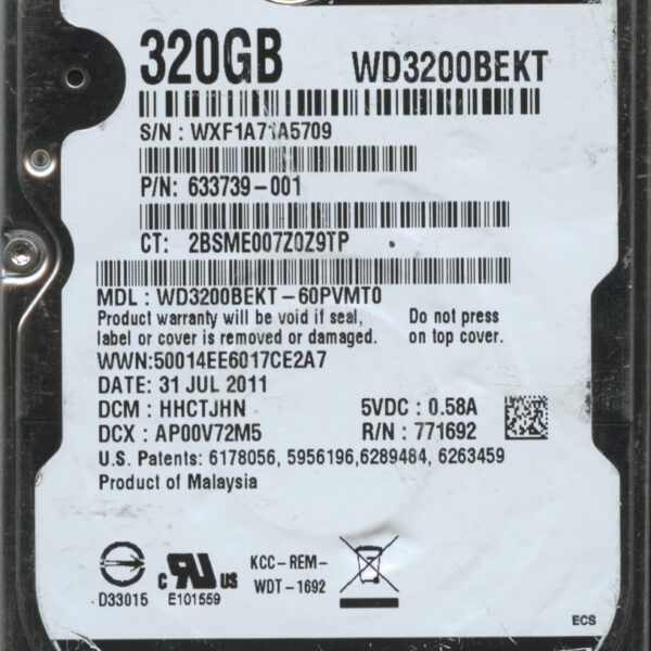 WD3200BEKT-60PVMT0 WXF1A 07:31:11 WESTERN DIGITAL 320GB HDD