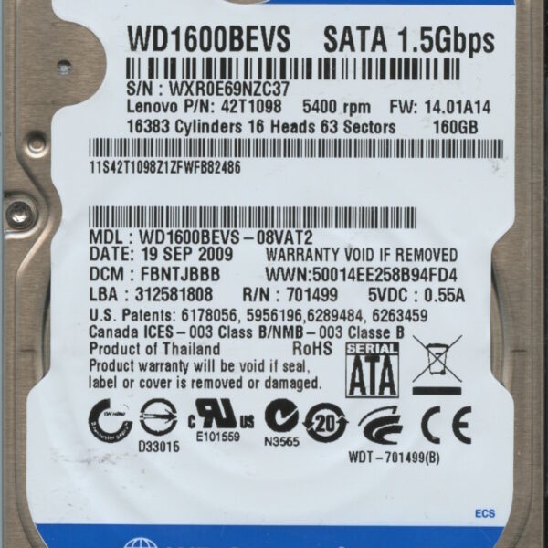 WD1600BEVS-08VAT2 WXR0E 09:19:09 WESTERN DIGITAL 160GB HDD