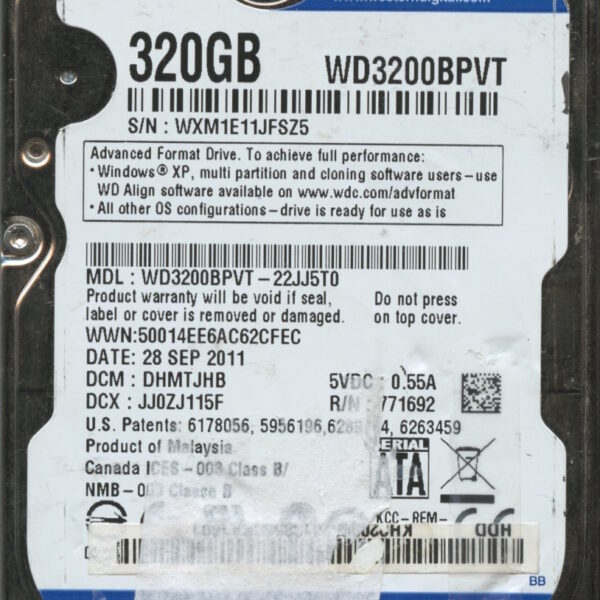 WD3200BPVT-22JJ5T0 WXM1E 09:28:11 WESTERN DIGITAL 320GB HDD