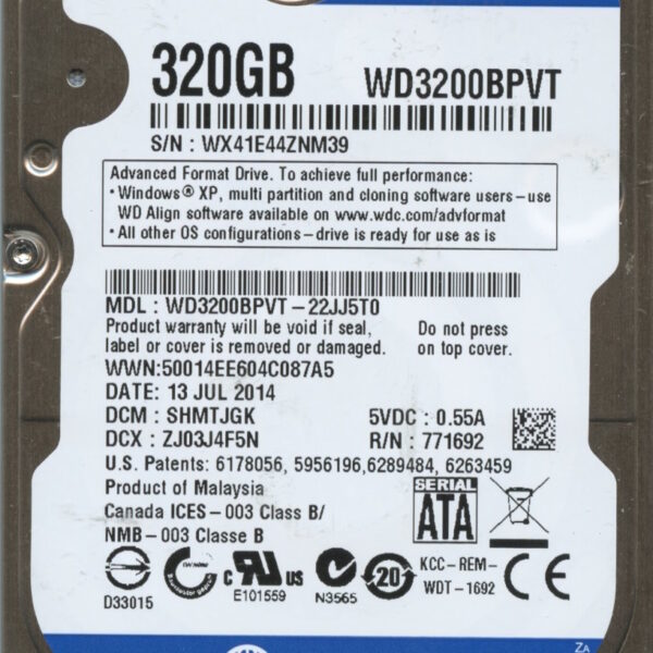 WD3200BPVT-22JJ5T0 WX41E 07:13:14 WESTERN DIGITAL 320GB HDD