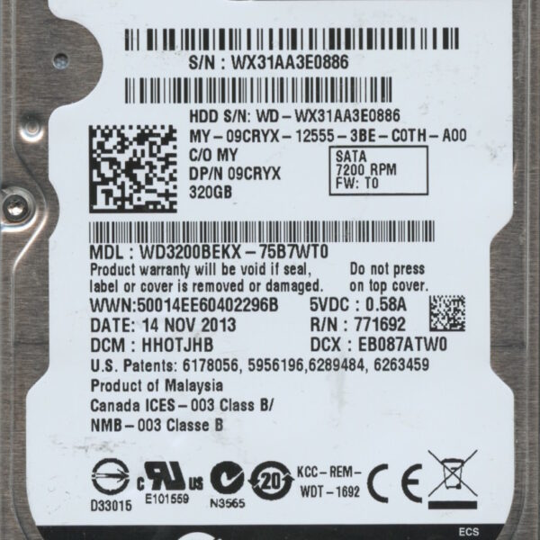 WD3200BEKX-75B7WT0 WX31A 11:14:13 WESTERN DIGITAL 320GB HDD