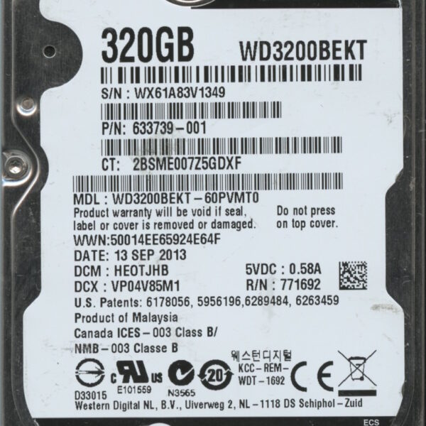 WD3200BEKT-60PVMT0 WX61A 11:13:13 WESTERN DIGITAL 320GB HDD