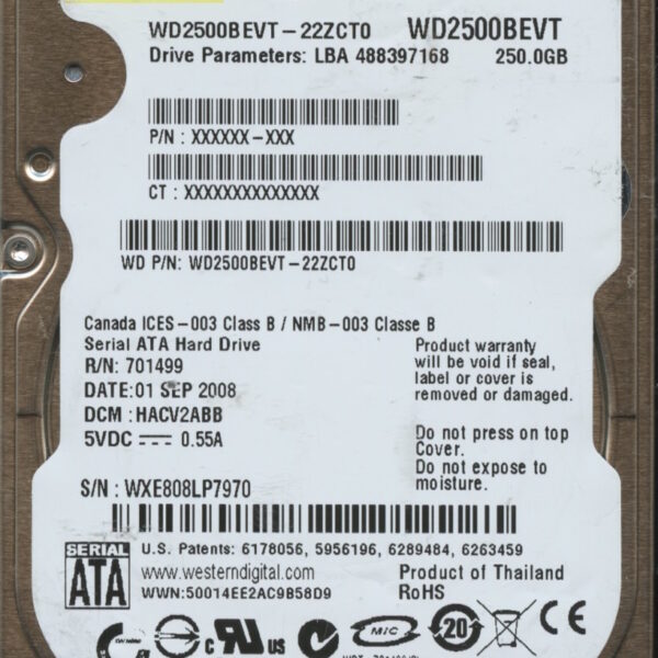 WD2500BEVT-22ZCT0 WXE80 09:01:08 WESTERN DIGITAL 250GB HDD