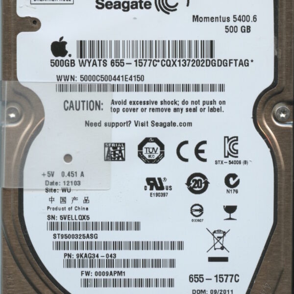 ST9500325ASG 9KAG34-043 0009 WU 5VE SEAGATE 500GB HDD