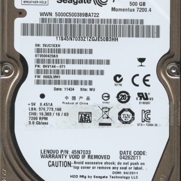 ST9500420AS 9HV144-071 0003 WU 5VJ SEAGATE 500GB HDD