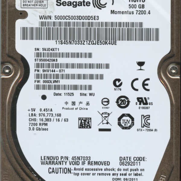 ST9500420AS 9HV144-071 0003 WU 5VJ SEAGATE 500GB HDD