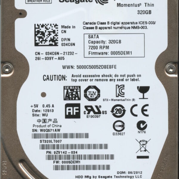 ST320LT007 9ZV142-034 0005 WU W0Q SEAGATE 500GB HDD