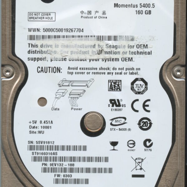 ST9160310AS 9EV132-188 0303 WU 5SV SEAGATE 160GB HDD