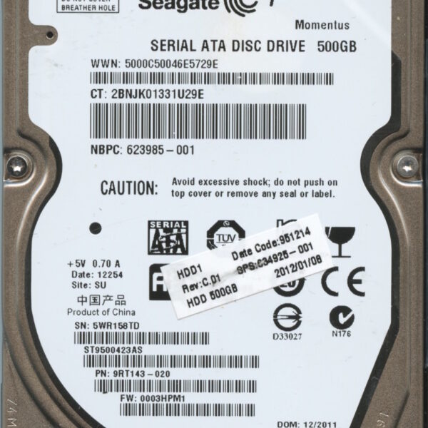 ST9500423AS 9RT143-020 0003 SU 5WR SEAGATE 500GB HDD