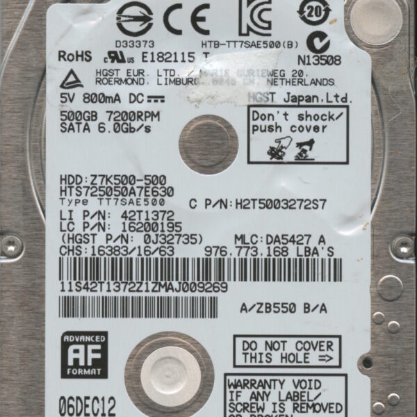 HTS725050A7E630 DA5427 0J32735 THAILAND 500GB 12:12