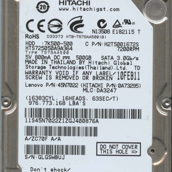 HTS725050A9A364 45N7022 DA3247 HITACHI 500GB 02:11