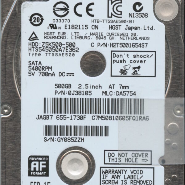 HTS545050A7E362 0J38105 DA5754 HGST 500GB 02:15