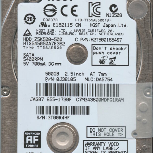 HTS545050A7E362 0J38105 DA5754 HGST 500GB 10:13