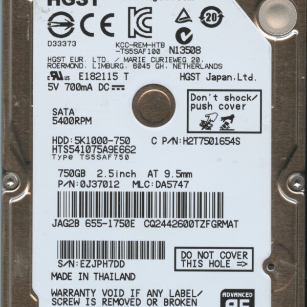 HTS541075A9E662 0J37012 DA5747 HGST 750GB 10:14