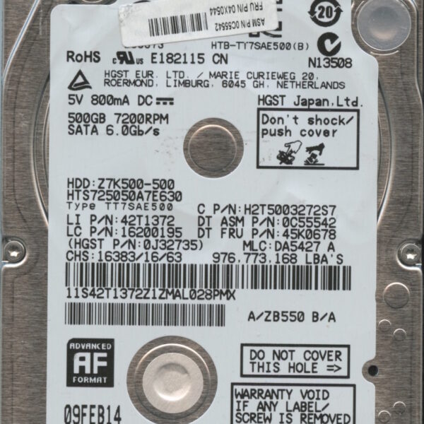 HTS725050A7E630 0J32735 DA5427 HGST 500GB 02:14