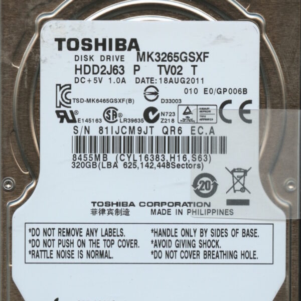 MK3265GSXF HDD2J63 P TV02 T GP006B TOSHIBA 320GB