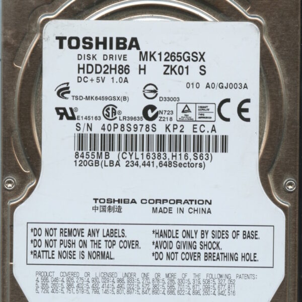 MK1265GSX HDD2H86 H ZK01 S GJ003A TOSHIBA 120GB