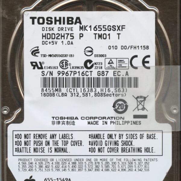 MK1655GSXF HDD2H75 P TM01 T FH115B TOSHIBA 160GB