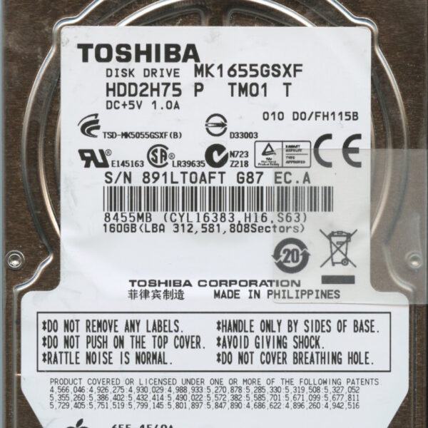 MK1655GSXF HDD2H75 P TM01 T FH115B TOSHIBA 160GB