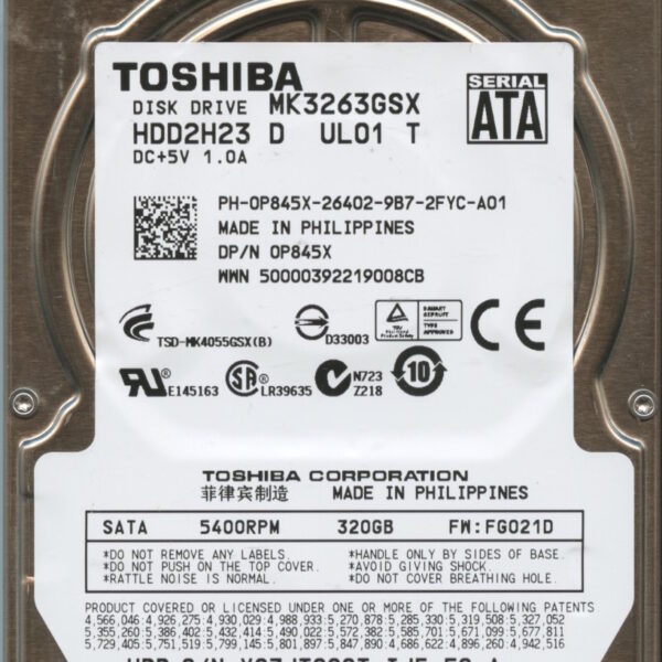 MK3260GSX HDD2H23 D UL01 T FG021D TOSHIBA 320GB