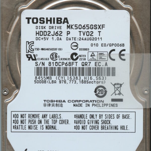 MK5065GSXF HDD2J62 9 TV02 T GP006B TOSHIBA 500GB