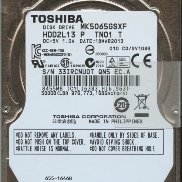 MK5065GSXF HDD2L13 P TN01 T GV108B TOSHIBA 500GB