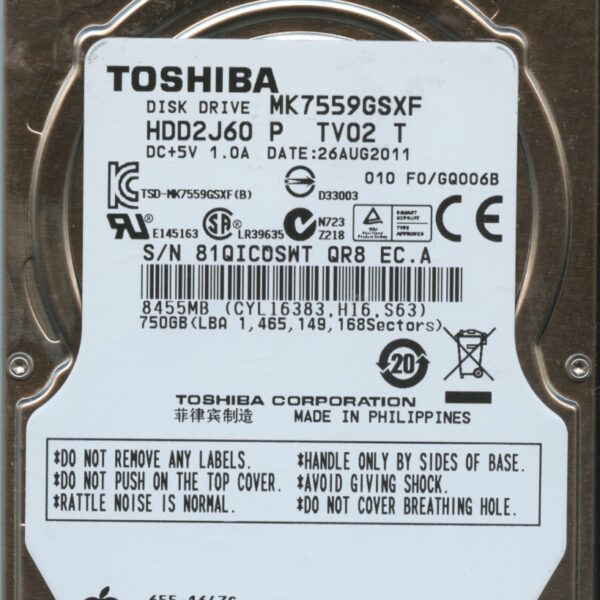 MK7559GSXF HDD2J60 P TV02 T GQ006B TOSHIBA 750GB