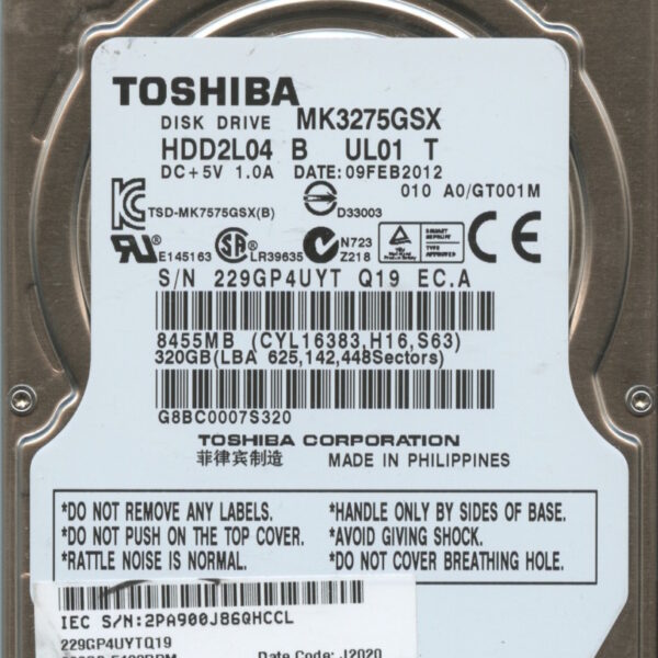 MK3275GSX HDD2L04 B UL01 T GT001M TOSHIBA 320GB