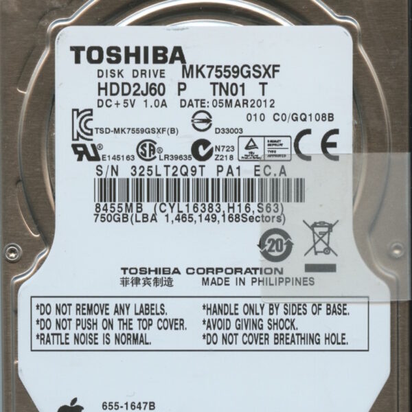 MK7559GSXF HDD2J60 P TN01 T GQ108B TOSHIBA 750GB