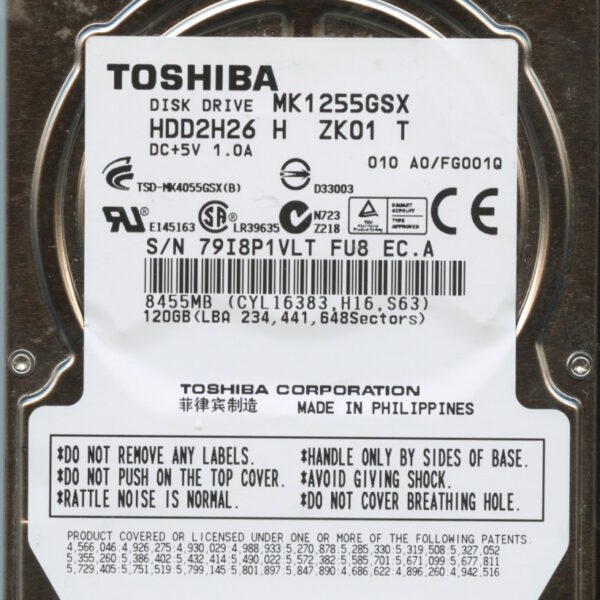 MK1255GSX HDD2H26 H ZK01 T FG001Q TOSHIBA 120GB