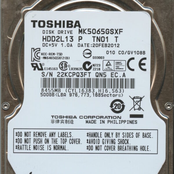 MK5065GSXF HDD2L13 P TN01 T GV108B TOSHIBA 500GB