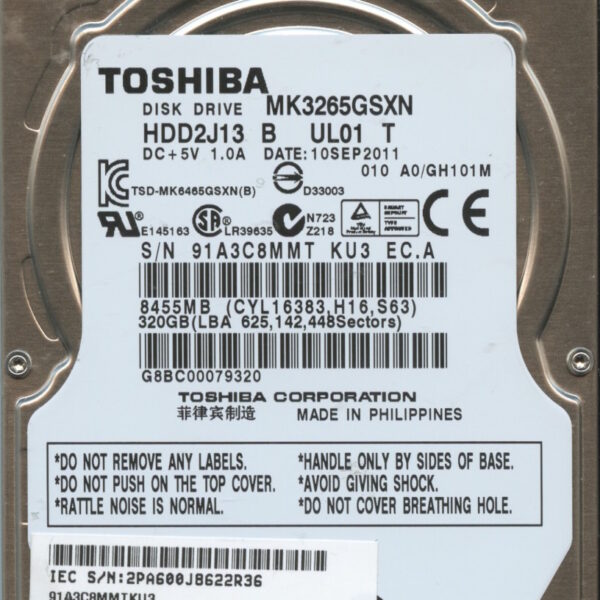 MK3265GSXN HDD2J13 B UL01 T GV101B TOSHIBA 320GB