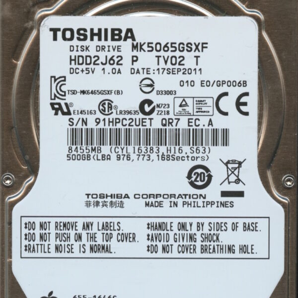 MK5065GSXF HDD2J62 P TV02 T GP006B TOSHIBA 500GB