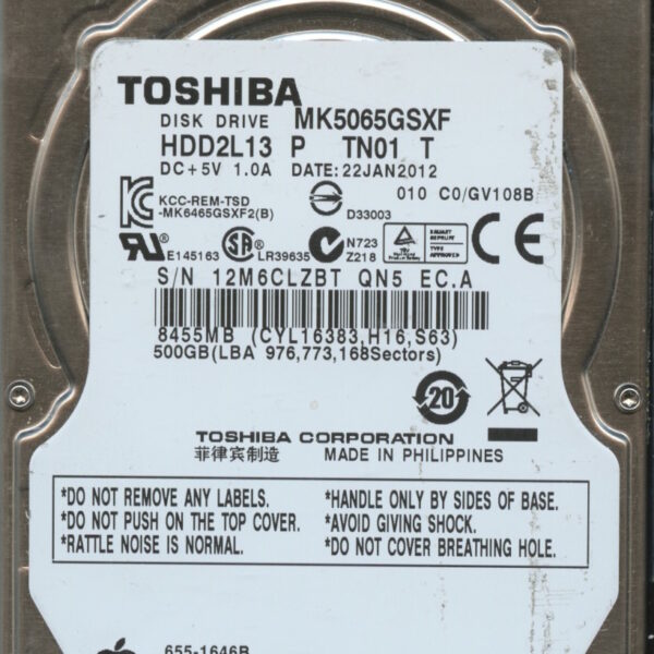 MK5065GSXF HDD2L13 P TN01 T GV108B TOSHIBA 500GB