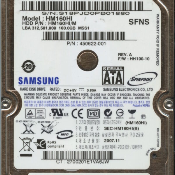 HM160HI HM160HI:M HH100-10 450622-001 SAMSUNG 160GB