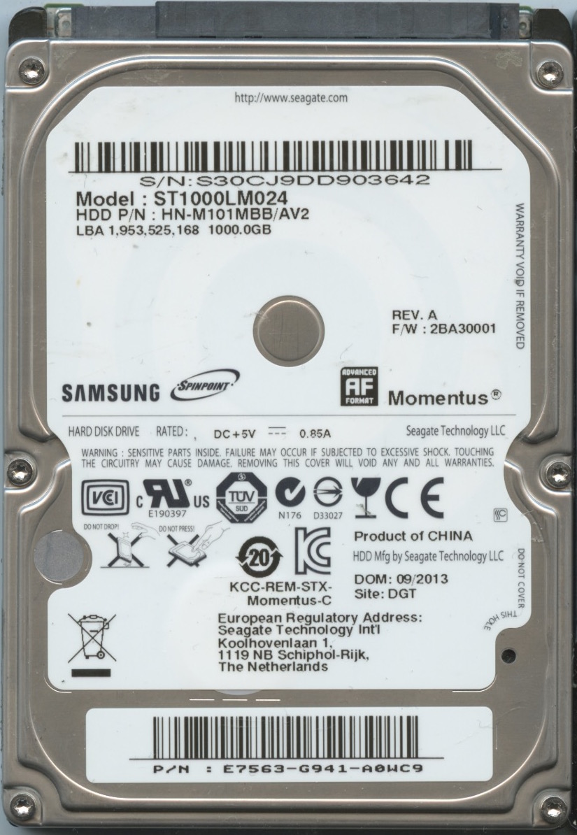 ST1000LM024 HN-M101MBB:AV2 2BA30001 E7563-G941-A0WC9 SAMSUNG 1TB