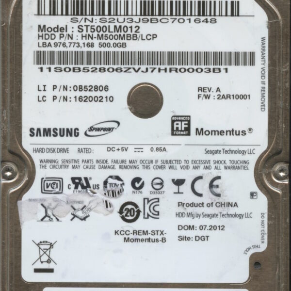 ST500LM012 HN-M500MBB:LCP 2AR10001 C7673-G12A-B5ECZ SAMSUNG 500GB