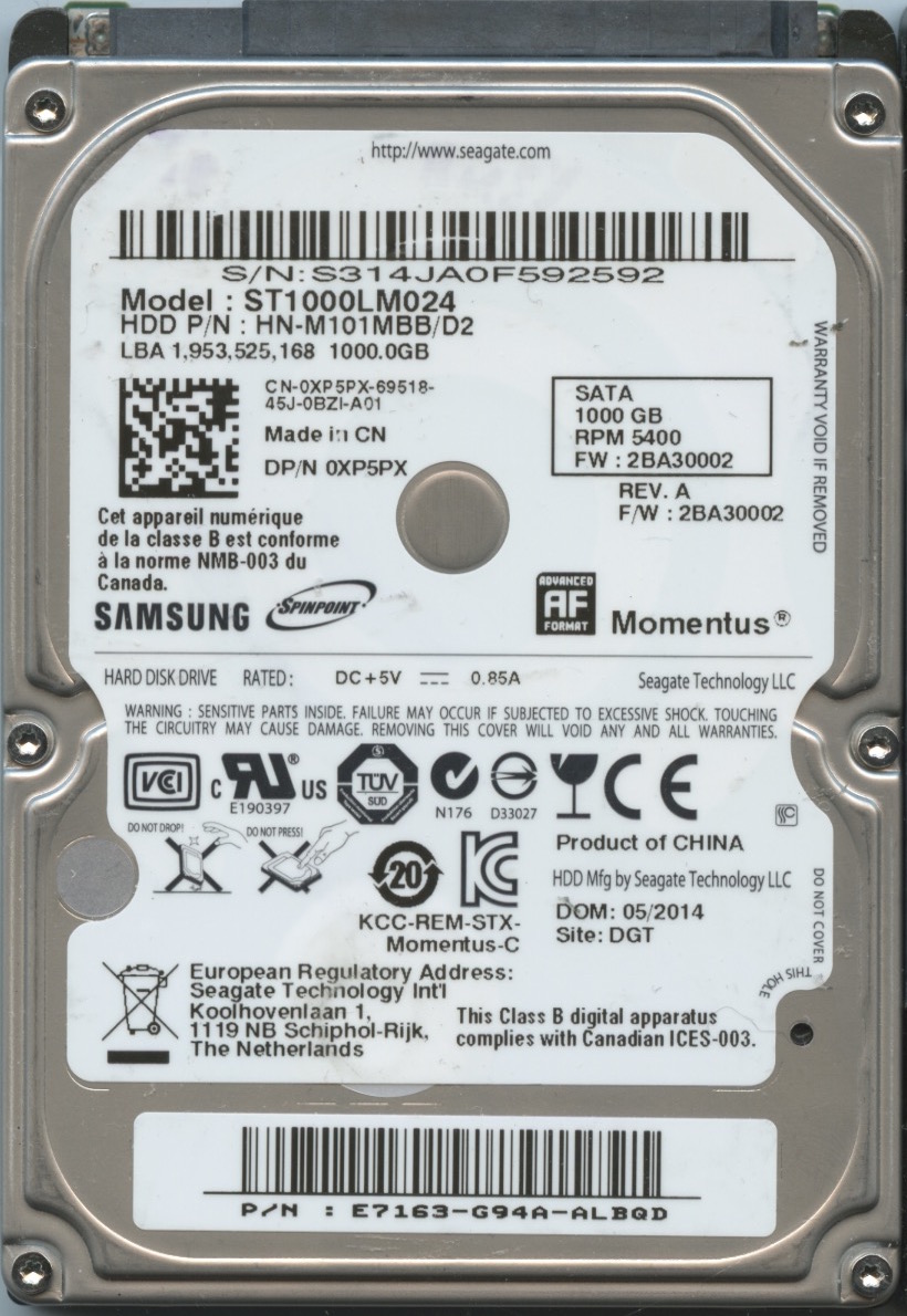 ST1000LM024 HN-M101MBB:D2 2BA30002 E7163-G94A-ALBQD SAMSUNG 1TB