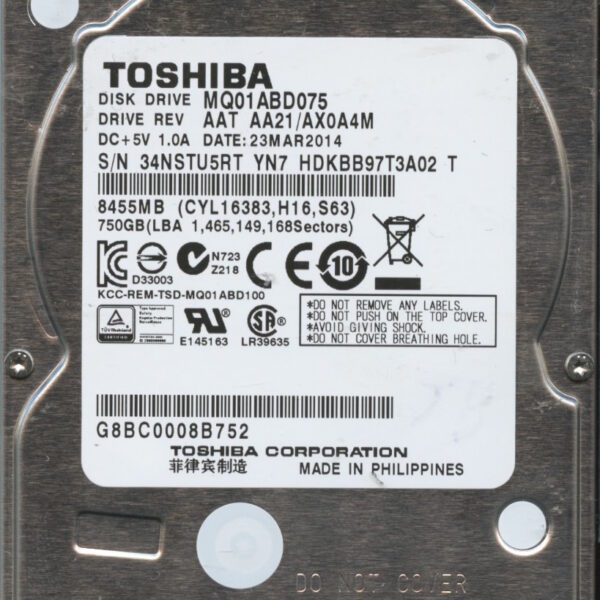 MQ01ABD075 AAT AA21:AX0A4M TOSHIBA 2.5 750GB