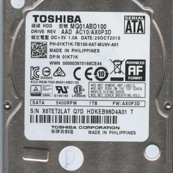 MQ01ABD100 AAD AA10:AX0P3D TOSHIBA 2.5 1TB