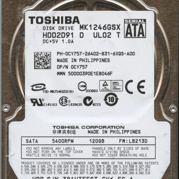 MK1246GSX HDD2D91 D UL02 T LB213D TOSHIBA 120GB