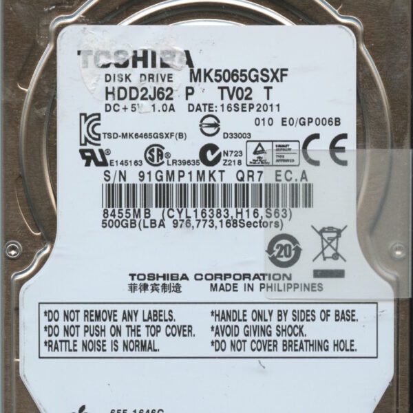 MK5065GSXF HDD2J62 P TV02 T TOSHIBA 120GB