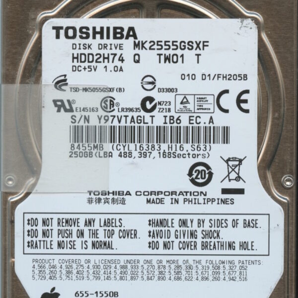 MK2555GSXF HDD2H74 Q TW01 T FH205B TOSHIBA 250GB