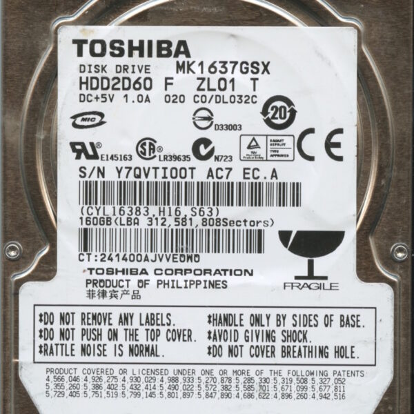 MK1637GSX HDD2D60 F ZL01 T DL032C TOSHIBA 160GB