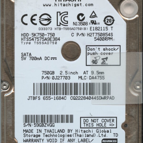 HTS547575A9E384 0J27703 DA4755 TOSHIBA 750GB