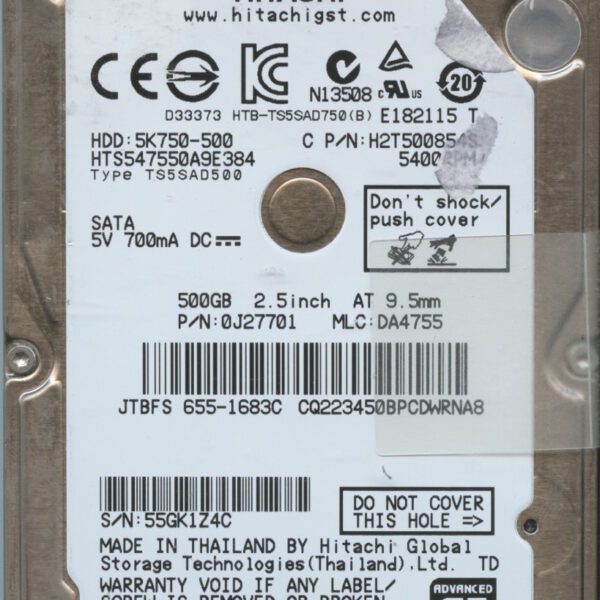 HTS547550A9E384 0J27701 DA4755 TOSHIBA 500GB